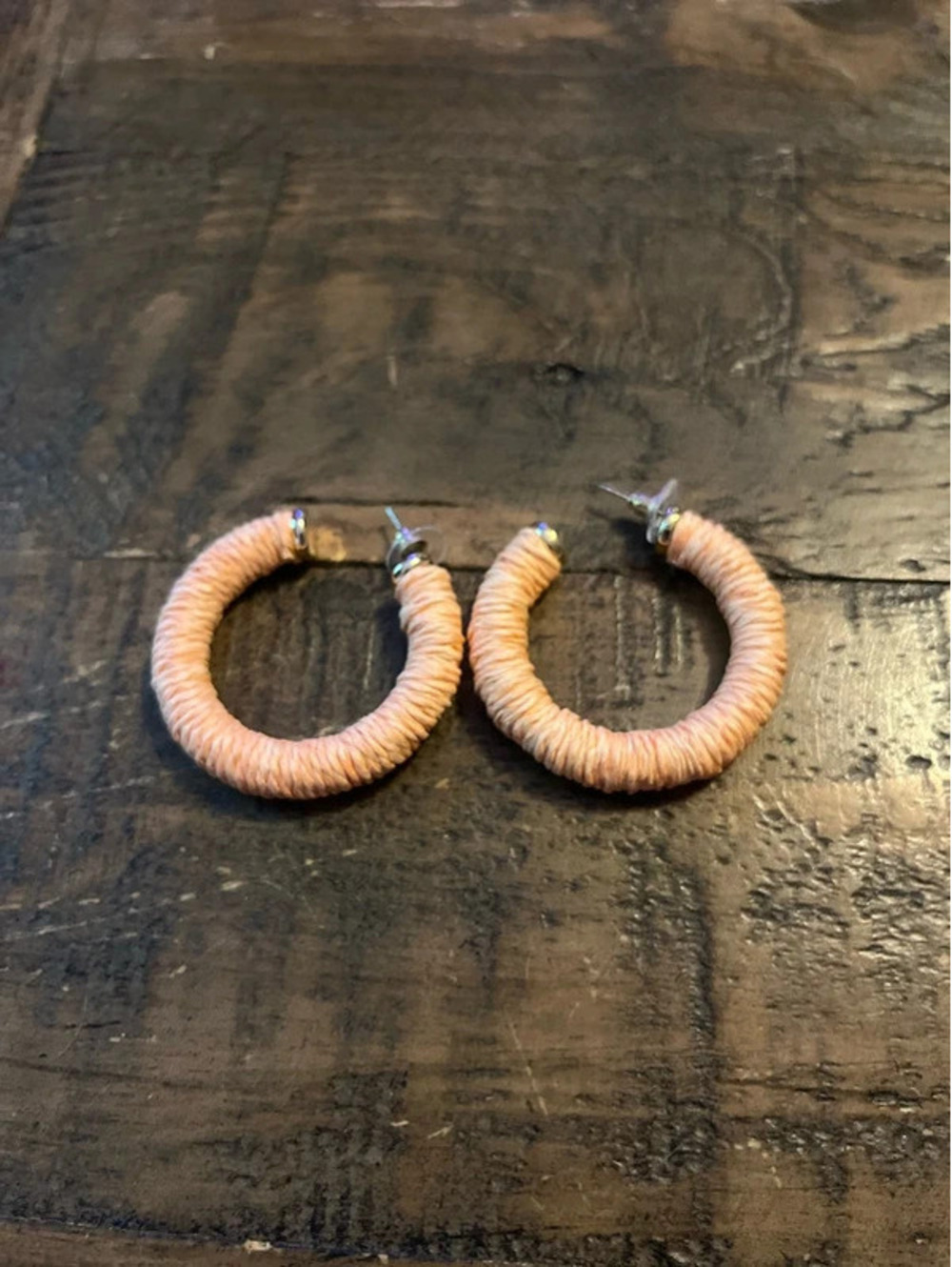 Boho Peach Raffia Wrapped Hoop Earrings C-Hoops